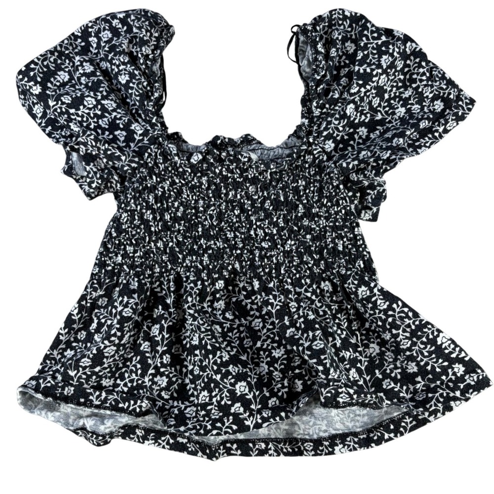 H&M Floral Smocked Puff Sleeve Cropped Blouse Black White Small Cotton Womens‎